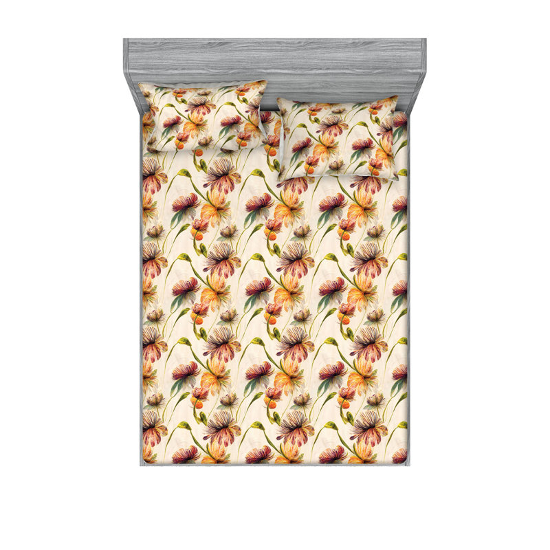 Drap-housse et taies décoratives 3 pièces Ambesonne, Crème / motif floral vert pistache