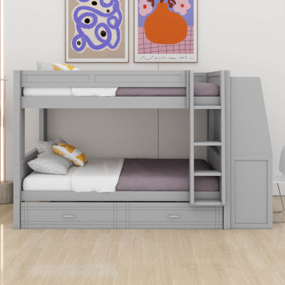 Full Size Bunk Bed With Desk, Trundle & Bookshelves, Space-Saving Multifunctional Loft Bed With Storage For Kids Teens