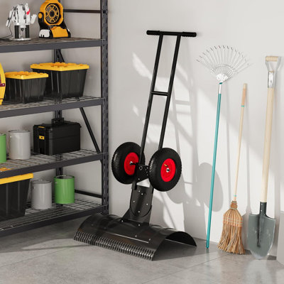 Black Metal Snow Shovel with Wheels, Adjustable Handle Heavy Duty Snow Pusher for Driveway Removal