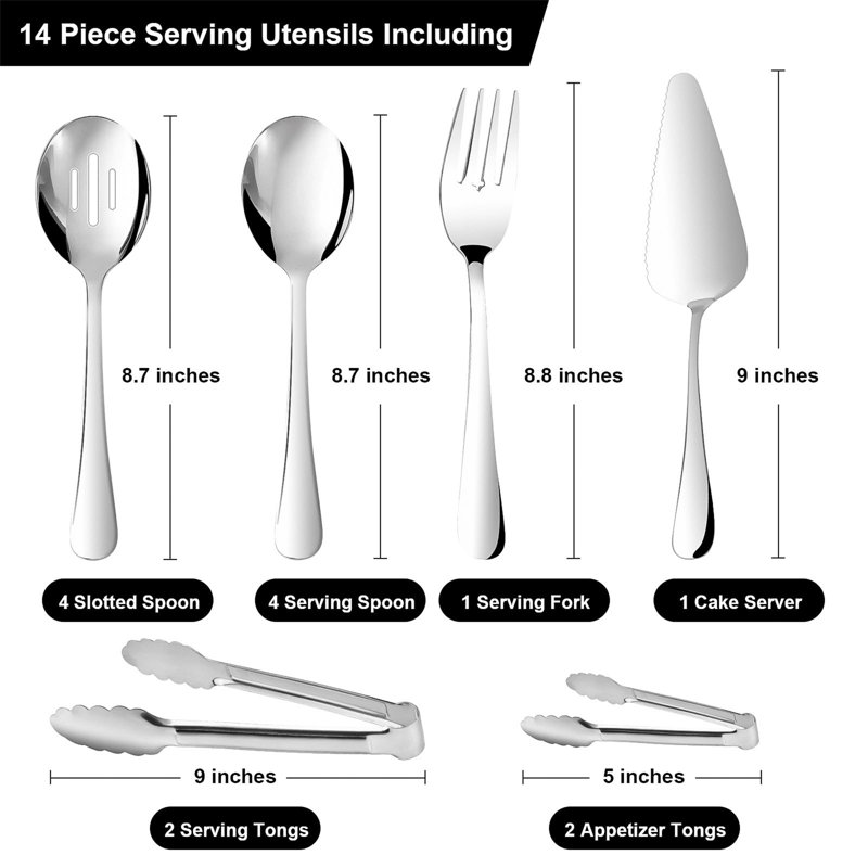 Ensemble d'ustensiles de service 14 pièces en acier inoxydable avec cuillères à fentes, fourchette, pinces, plat à gâteau, argent