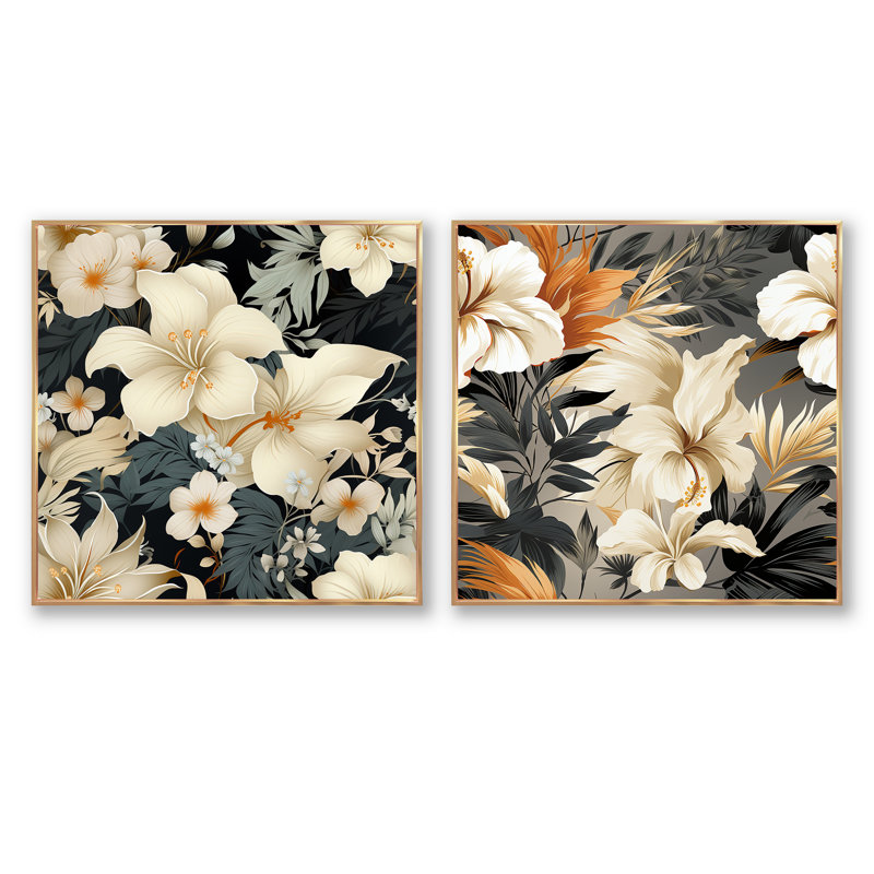 Revere - Ensemble de 2 collages floraux carrés, Cadre flottant doré, H 16 po x l 33 po