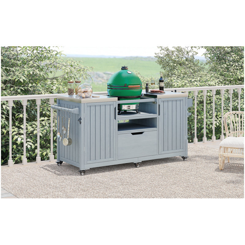 66.5" Outdoor Kitchen Island for Big Green Egg Grills, Solid Wood Outdoor Grill Cart for Tabletop Grill with Stainless Steel Top, Drawer, Compatible with Large Big Green Egg, Kamado Joe- Grey Blue