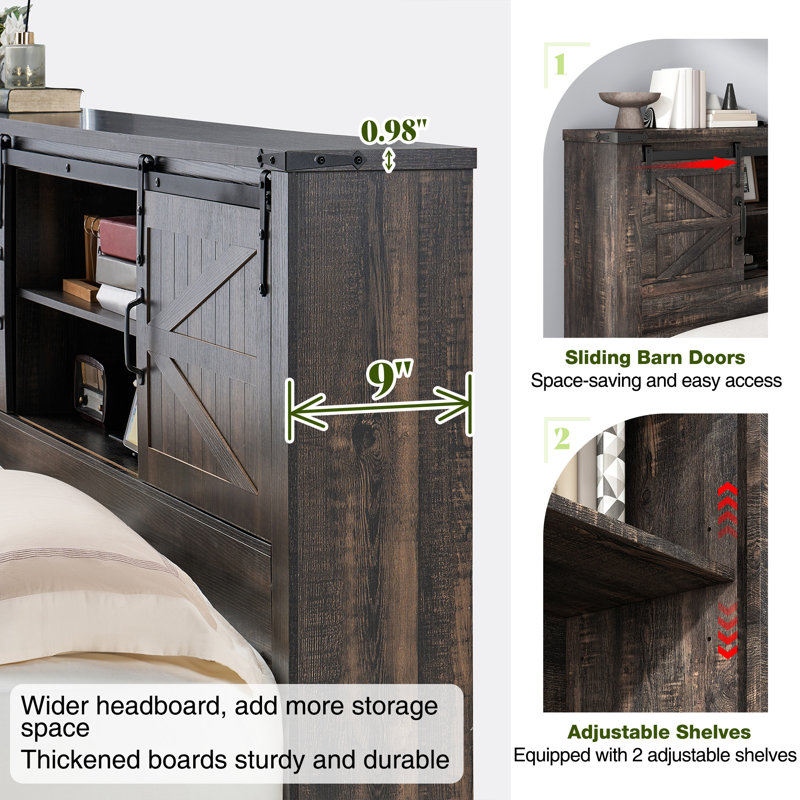  Oceant Sherell Farmhouse King Bed Frame Storage Bookcase Headboard, Dark Oak, Black, King