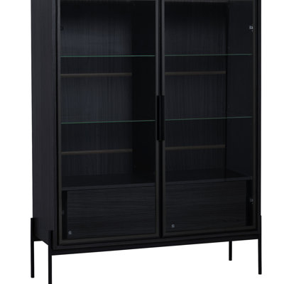 Led Lighted Curio Cabinet With Tempered. Modern For Study. Metal Legs, Construction. 4 Adjustable Shelves, 2 Storage Drawers, Black Showcase Tempered by Ivy Bronx