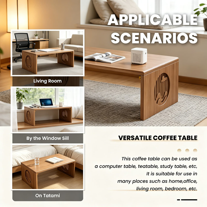 Table basse de plancher pliante, table basse pliable en bambou japonais pour le salon, bureau de thé de méditation Tatami portable pour la salle à manger, bureau en bois pour le bureau à domicile