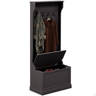 28" 3-In-1 Entryway Hall Tree with Storage Bench, Coat Rack with Four Hooks and Shoe Storage, Black