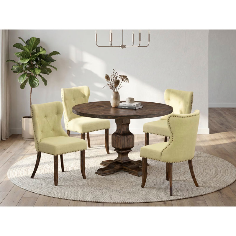 5 Piece Dining Set Includes a Round Dining Room Table with Pedestal and 4 Limelight Linen Fabric Upholstered Chairs, Distressed Jacobean