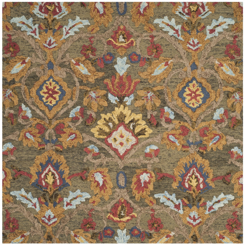 Tapis vert / multicolore en laine fait à la main Tansy, Carré 6 pi