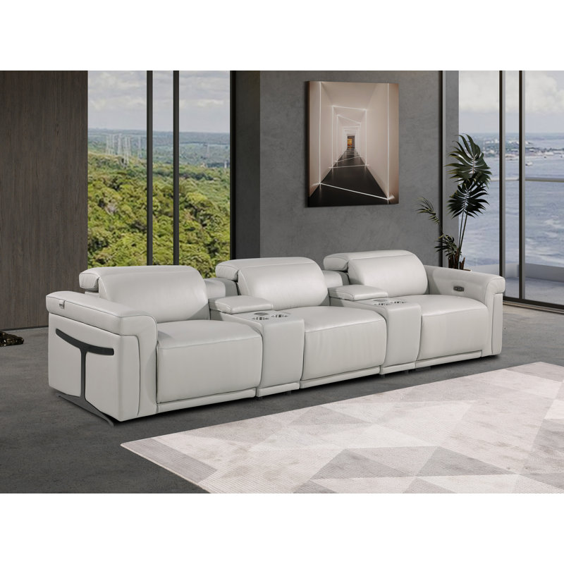 5-Piece 3-Power Reclining Italian Leather Sofa With Power Headrest, Light Gray