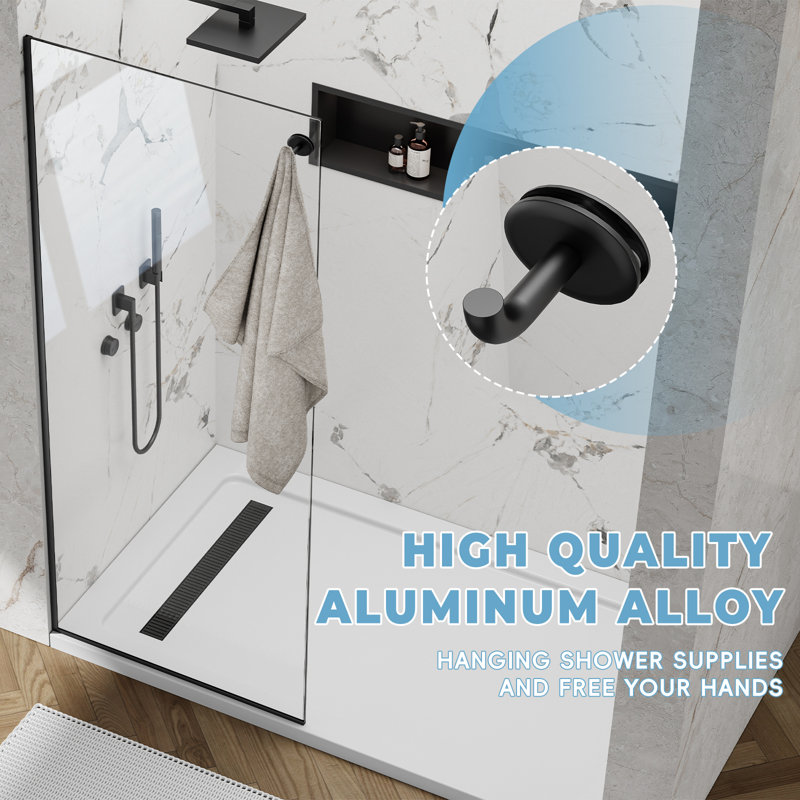 Panneau de douche fixe Yttsoyts 32 po x 76 po avec crochet, écran de douche sans cadre de 3/8 po d'épaisseur en verre trempé, porte de douche en verre d'aluminium avec revêtement facile à nettoyer (noir mat)
