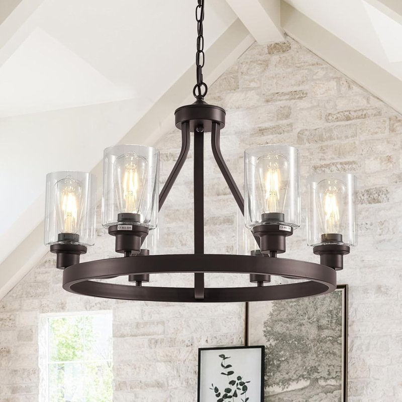 Lustre de style maison de campagne avec hauteur réglable, plafonnier rond à 6 lumières, finition bronze huilé, globes en verre, base E26, convient à la salle à manger, à la cuisine et plus encore