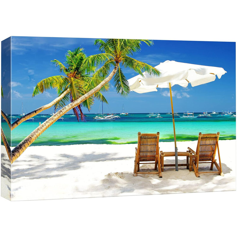 Nature tropicale sur la plage avec des bateaux, nature sauvage - photographie sur toile tendue, H 12 po x l 18 po x P 1,5 po