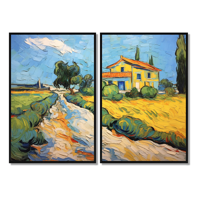 Vangogh la maison jaune à Arles III - art mural sur toile jaune 2 panneaux, 36" H x 48" W, Floater Framed Print, Black