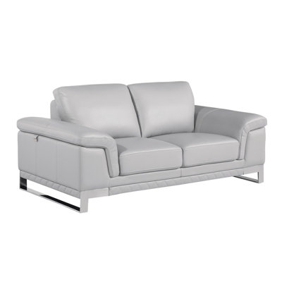  73" Light Gray And Silver Genuine Leather Loveseat