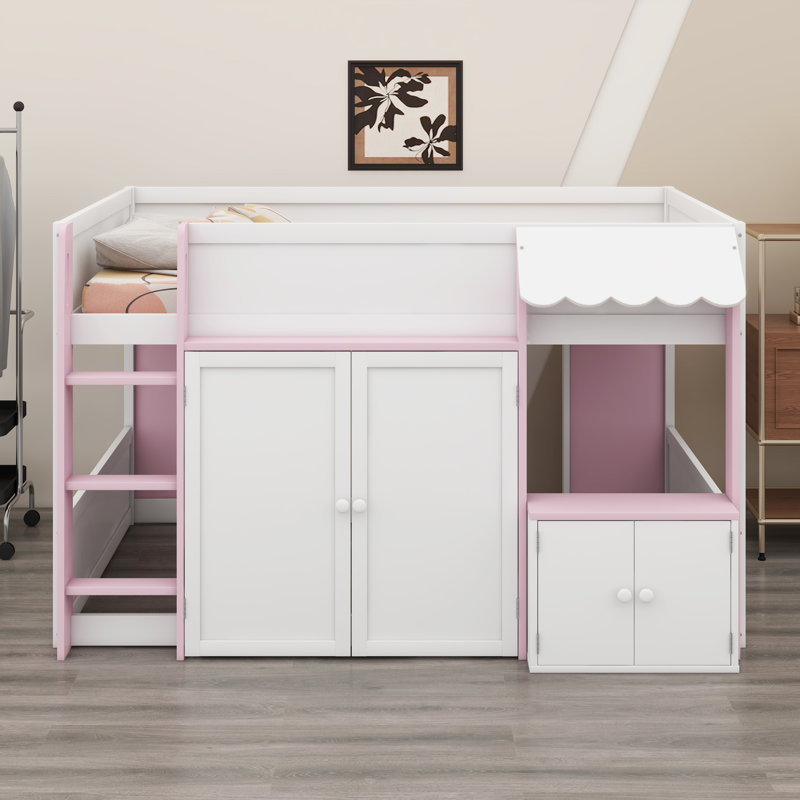 Lit Creative Cabin avec aire de jeu amusante et vaste espace d'organisation sous le lit, Blanc + rose