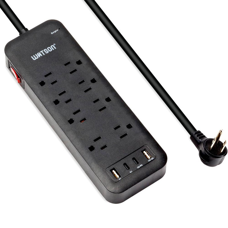 Multiprise 8 prises de courant Watson avec 4 ports USB (2 USB-C, 2 USB-A), 2450 Joules, cordon de 6 pi, montage mural, noir Watson