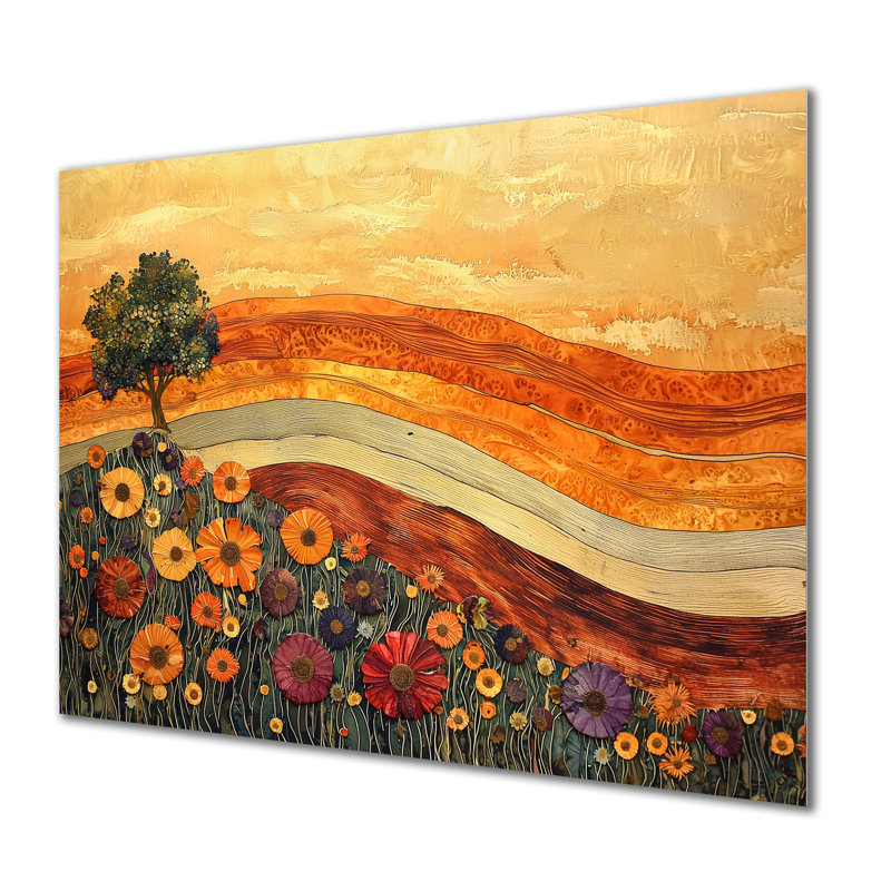 Paysage de ferme avec fleurs sauvages, rivière d'automne I - Art mural en métal fleurs sauvages, H 16 po x l 32 po
