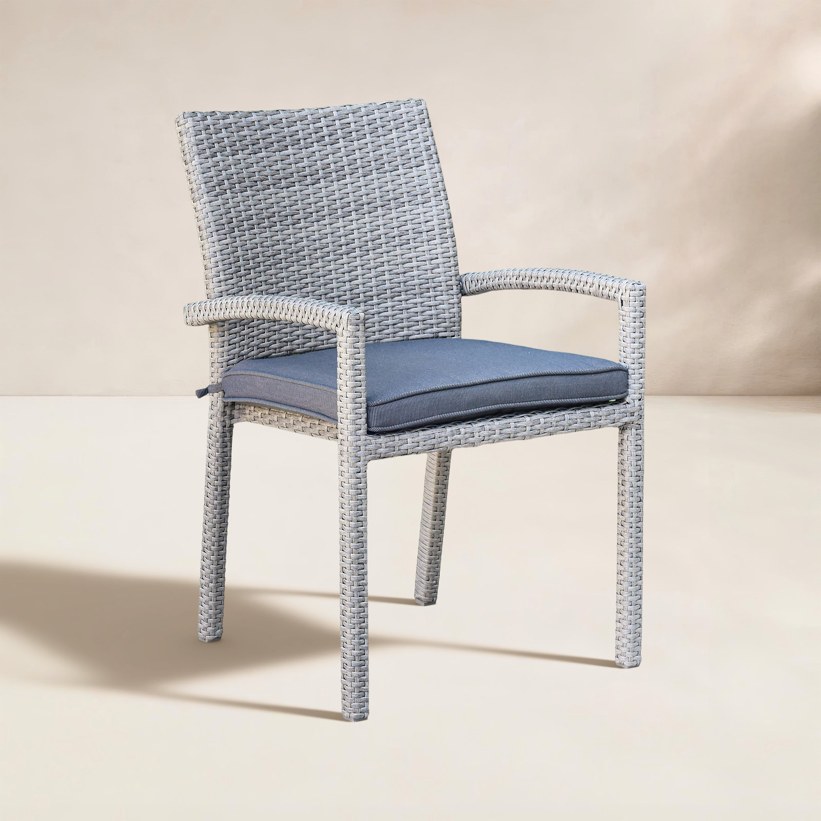 Alyisa Wicker Premium All-Weather Wicker Outdoor Stacking Dining Armchair with Cushion, Gray/Gray