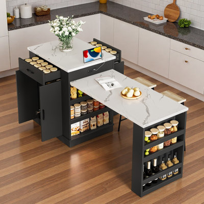 Îlot de cuisine avec table de salle à manger extensible, étagères ouvertes, tiroirs et armoire à double porte