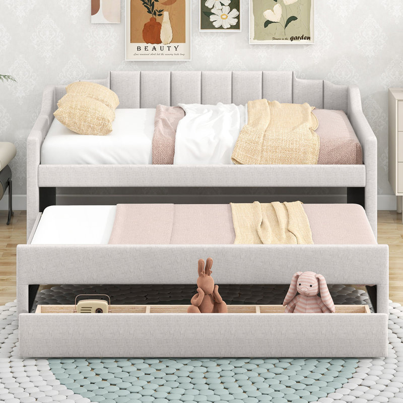 Twin Size Upholstered Daybed With Trundle And Three Drawers, Guest Bed, Beige