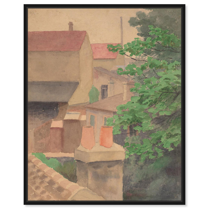 Toile sur le toit, impressionisme par , H 21 po x l 17 po, Cadre flottant noir