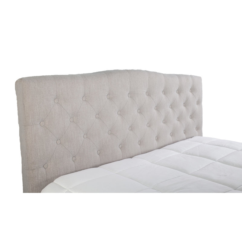 Grand lit tapissier grand avec 2 tables de chevet, couleur pierre, gris, bordures en noyer, tablettes et côtés en pierre, 100% côtés, poignées à panneaux
