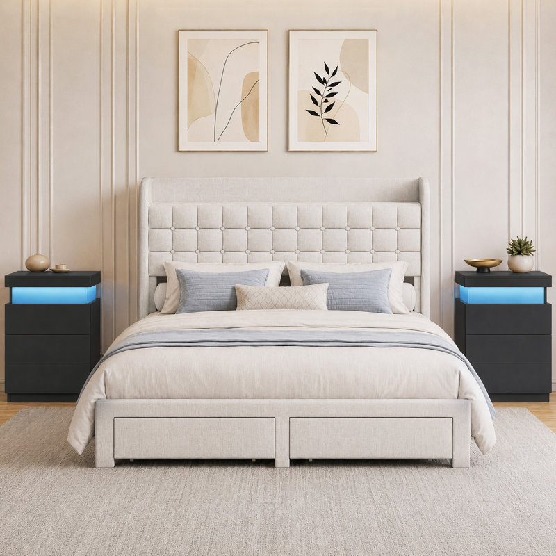 Ensemble de chambre à coucher tapissier Chrisha, Beige/noir, Grand lit