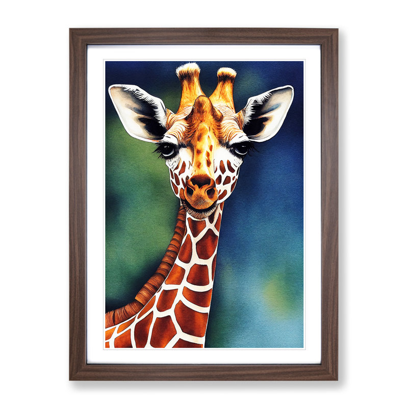 Happy Giraffe - Single Picture Frame Painting, 64cm H x 46cm W x 2cm D, Walnut
