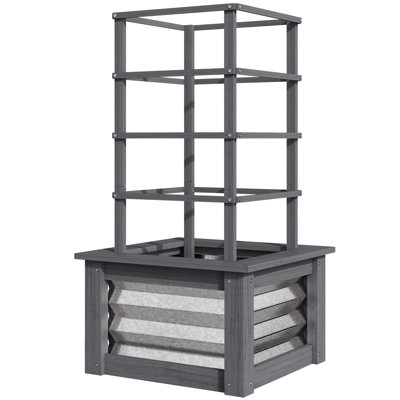 Wooden Raised Garden Bed With Trellis, Galvanized Planter Box Elevated Garden Bed For Garden, Patio, Gray