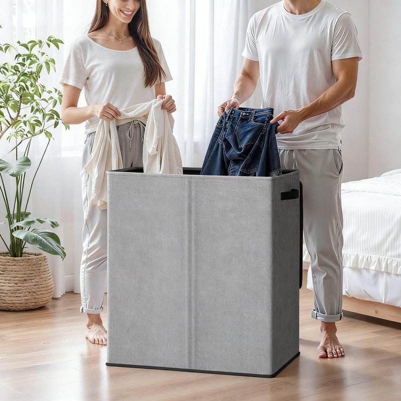 Double Laundry Hamper With Lid And Removable Bags, Large 2-Section Collapsible Hamper  (Grey), Gray