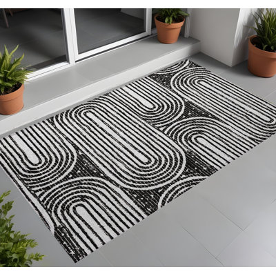 2' X 3' Black and White Abstract Washable Non Skid Indoor Outdoor Area Rug