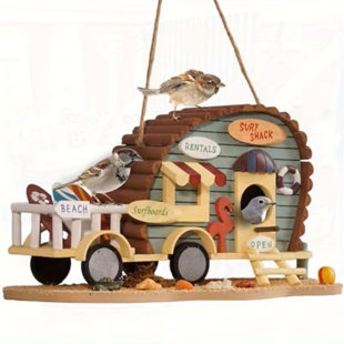 Outdoor Bird House - Hanging Bird Shelter With Roof Overhang, Natural Wood Construction, Easy Hanging Chains/Ropes - For Bluebirds, Sparrows, Cardinals, Finches - Garden, Patio, Yard Decoration