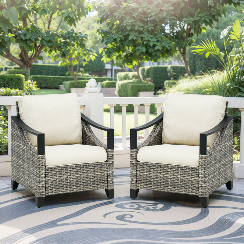 Outdoor Lounge Gray Wicker Chair Set Of 2, Patio Lounge Chairs With Beige Cushions For Porch Or Deck, Beige