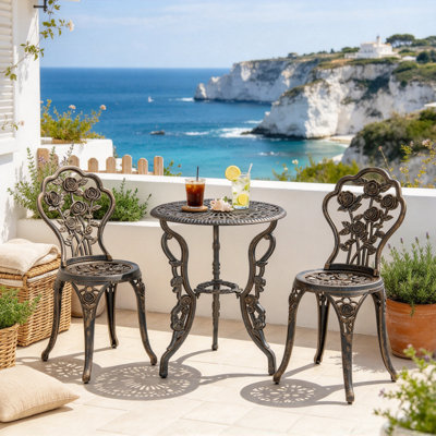 Outsunny Outdoor Bistro Set Vintage Rose Design Patio Furniture Set with Round Table and 2 Chairs Metallic Finish