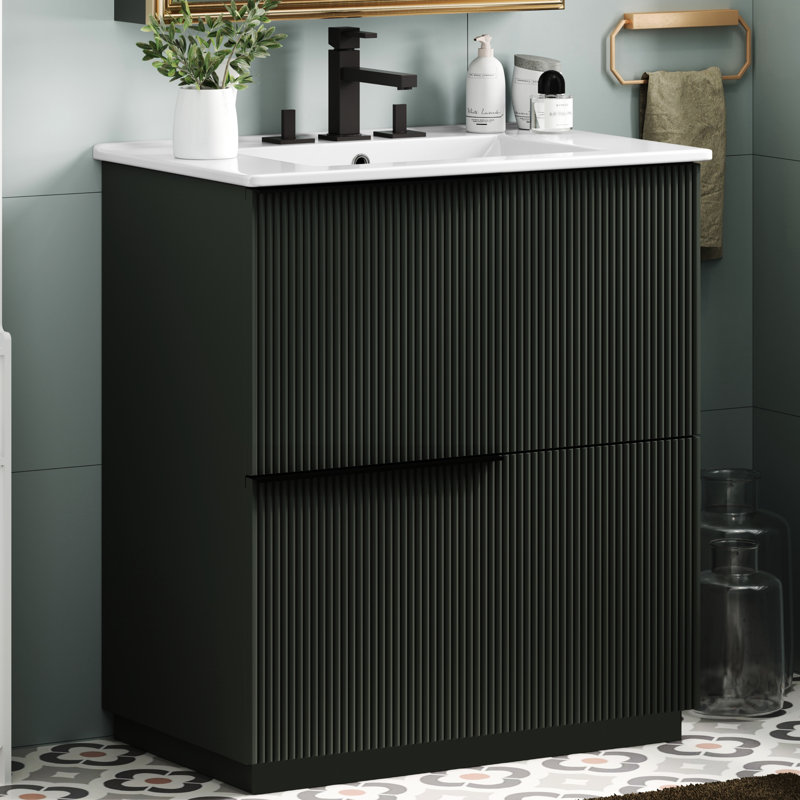 Meuble-lavabo de 30 po en couleur, avec lavabo en céramique, glissières de tiroir à fermeture en douceur et conception cannelée pour une perfection esthétique et une optimisation du rangement des tiroirs pleine extension