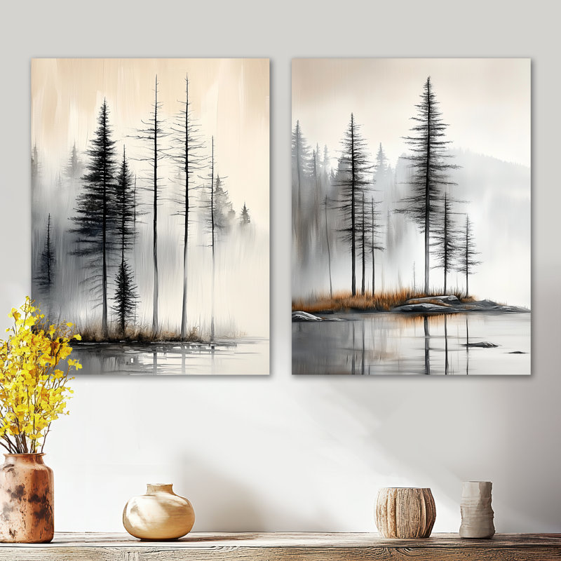 Pins d'été brumeux - Ensemble de 2 impressions encadrées de pins, 32" H x 48" W, Wrapped Canvas