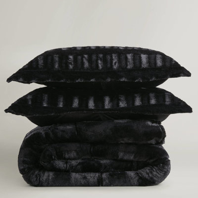 3 Pcs Black King/ King Solid Faux Fur Comforter With 2 Shams, Soft Mink Reverse, Fill, Box Sewn, Minor Shedding Reduces Over Washes Mini In Black, After