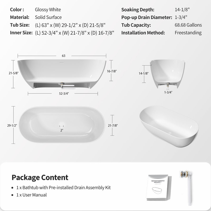 Glossy White 63" Freestanding Soaking Bathtub, Solid Surface Material, With Overflow And Pop - Up Drain, Ideal For A Spa Like Soak, Stone Resin, Good Heat Insulation Bathtub In White, Construction,