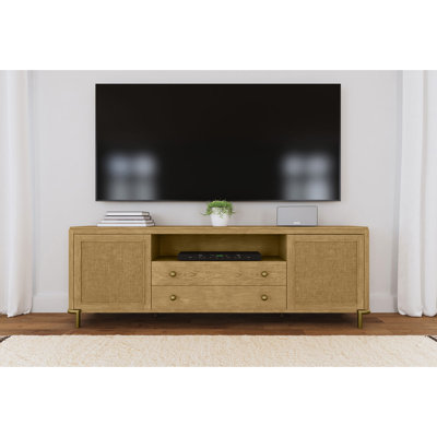  Meuble télé avec finition sable délavé pour téléviseurs, tiroirs doubles et armoires encadrées, tablettes réglables, pieds en laiton vieilli, espaces de vie à thème côtier, grand écran spacieux