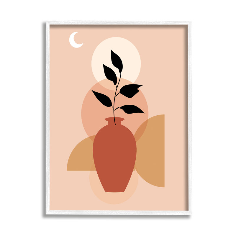 Vase Boho et lune sur bois par cadre arctique, H 20 po x l 16 po x P 1,5 po, Estampe numérique encadrée blanc bord de mer