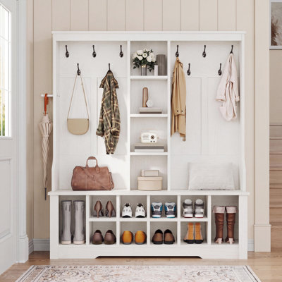 59" Farmhouse Hall Tree With Shoe Storage,wood Coat Rack With Entryway Bench