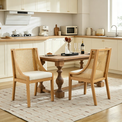 Rattan Dining Chairs With Solid Wood Frame, Decorative Armrests, And Linen Upholstered Seat For Rustic Style And Comfort