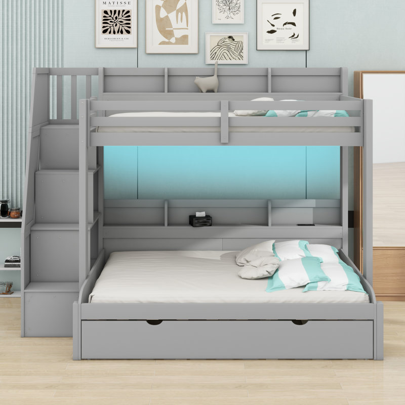 Bunk Bed With Storage Staircase, Trundle, Gray