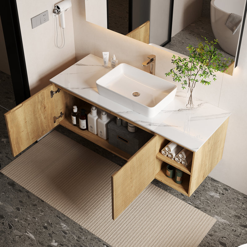 Meuble-lavabo simple avec comptoir en pierre frittée Dexheart, Rustic Light Oak, 48"