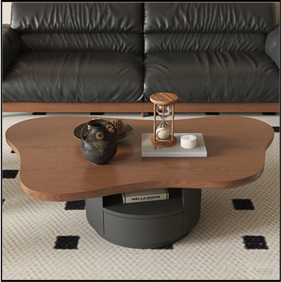 47.24" Mid-Century Cloud Coffee Table with 2 Drawers & Multi-Layer Storage, Walnut Grain Top & Black Painted Density Board Base, Irregular Center Table for Living Room & Apartment