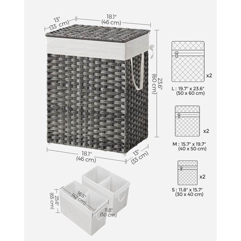 Panier à linge 90l avec 2 sacs de doublure amovibles, Gris
