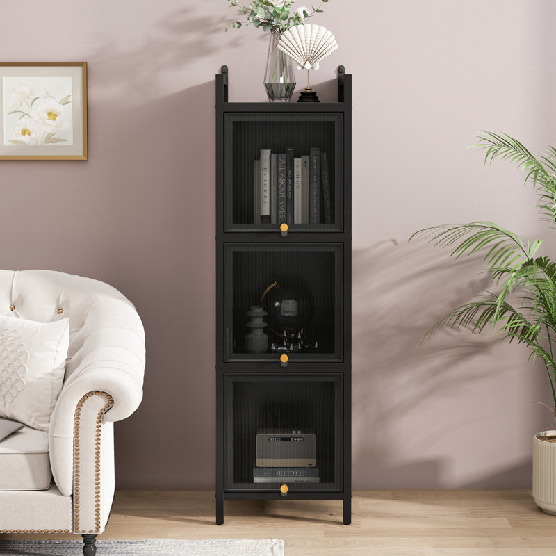 Modern Three-Tier Glass Door Cabinet, Black