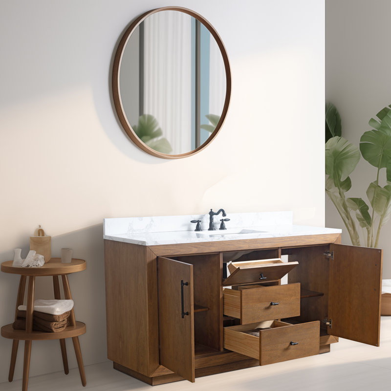 Ensemble de meuble-lavabo sur pied 60 po avec plateau en marbre d'ingénierie Avignon, Blanc Arabescato, Tanné, 60"