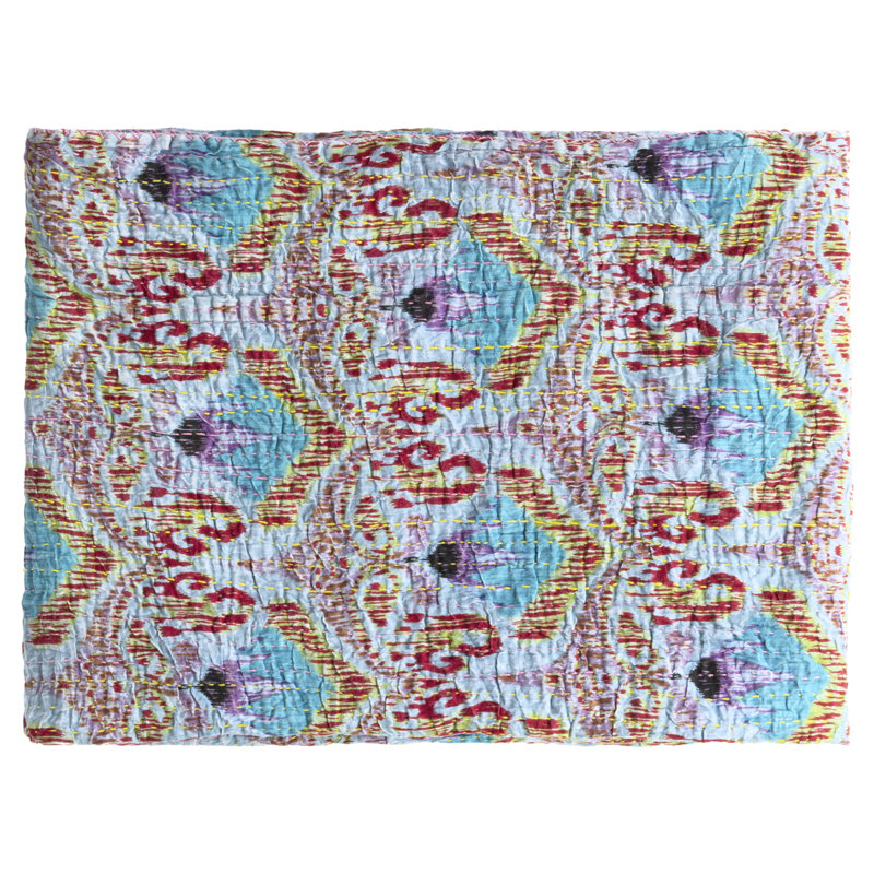 KANTHA COTTON Quilted Throw Blanket, Beige/Red/Green