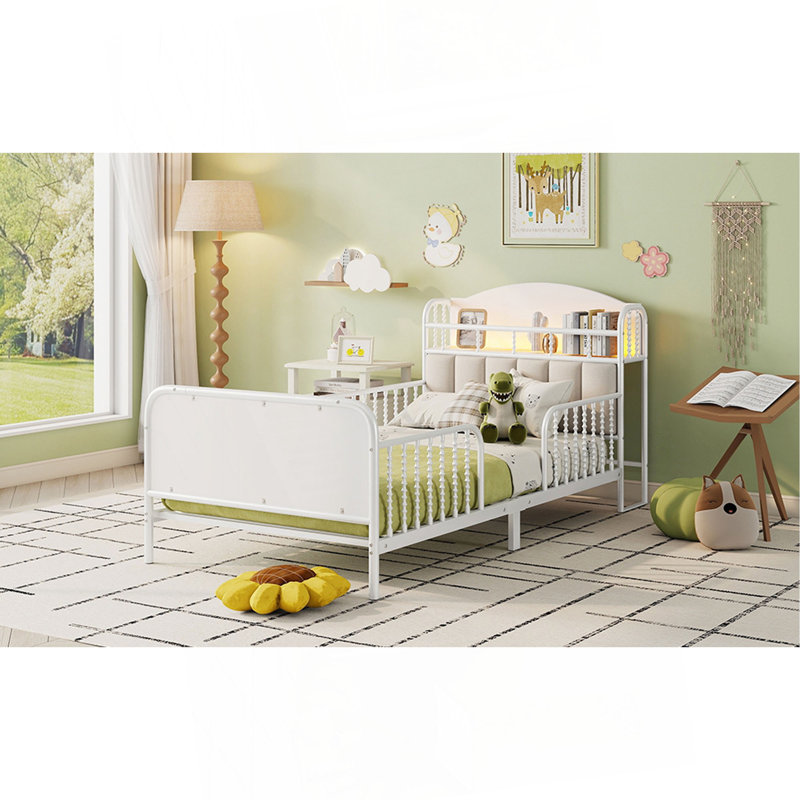 Twin Size Metal Platform Bed Frame With Light, Kids Twin Metal Bed With Upholstered And Storage Headboard, Twin, White